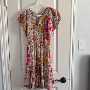 Umgee Floral Midi Dress with Pink and Yellow